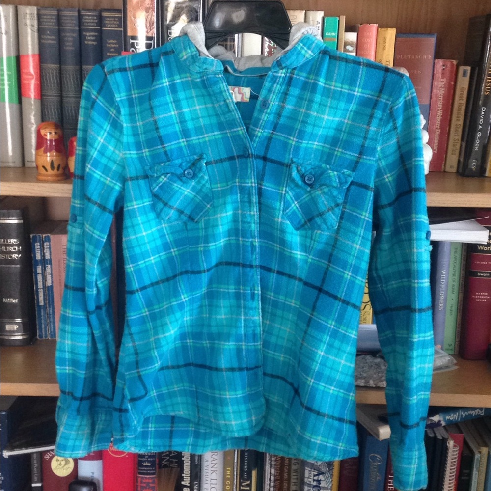 OP plaid Flannel hooded shirt super cute
